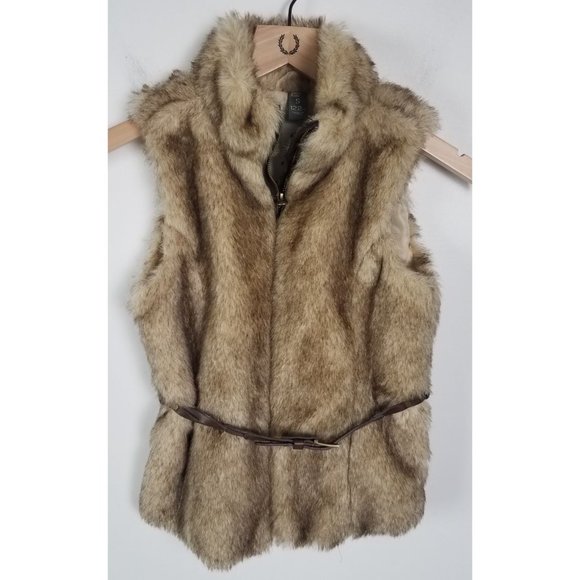 Zara Kids Girls Sz. S Faux Fur Tan & Brown Zip Up Belted Vest